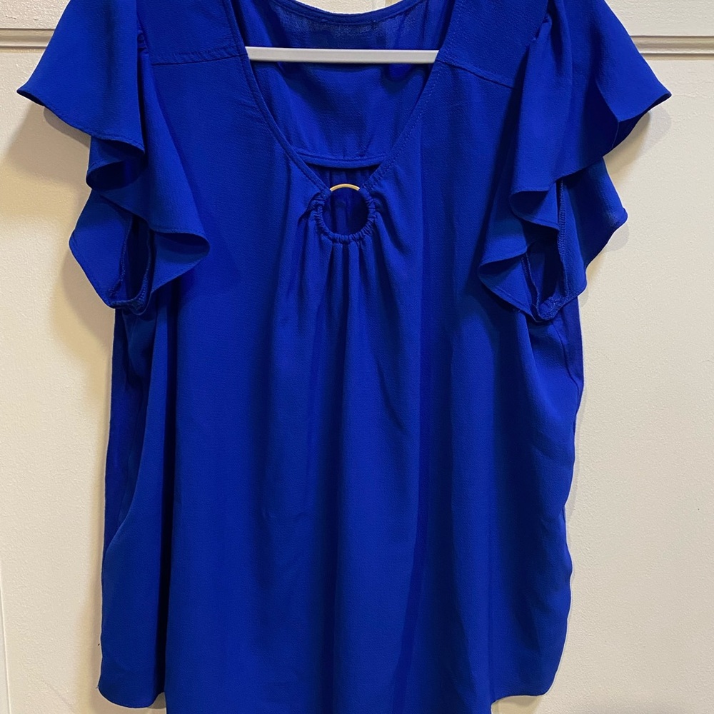 Ruffled Sleeve Keyhole Blouse in Cobalt Blue